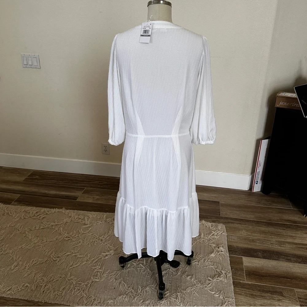 Michael Kors Button Front Swiss Dot Dress in White with Tie at Waist - 1X - New - Picture 4 of 12
